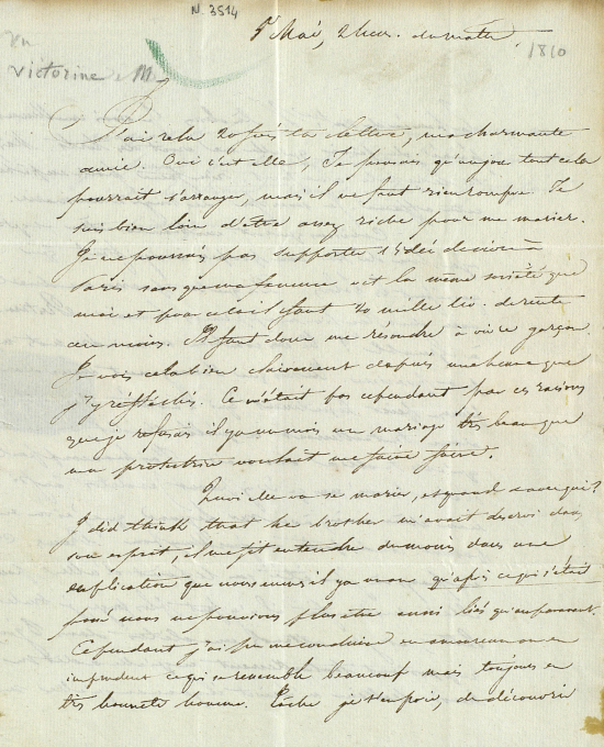 Lettre autographe à Pauline Perier-Lagrange. [Paris], 5 mai [1810], N.3514 Rés.
