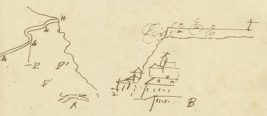 Le fort de Bard, croquis de Stendhal extrait du manuscrit Vie de Henry Brulard, R. 299 (3) Rés., folio 397