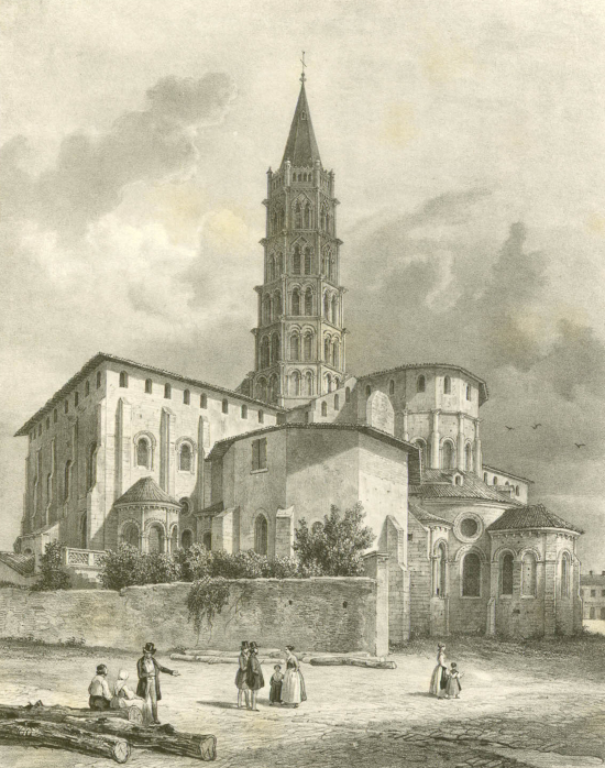Eglise St Sernin à Toulouse, dessin et lithographie de Deroy, XIXe s., Marj. G. 6093