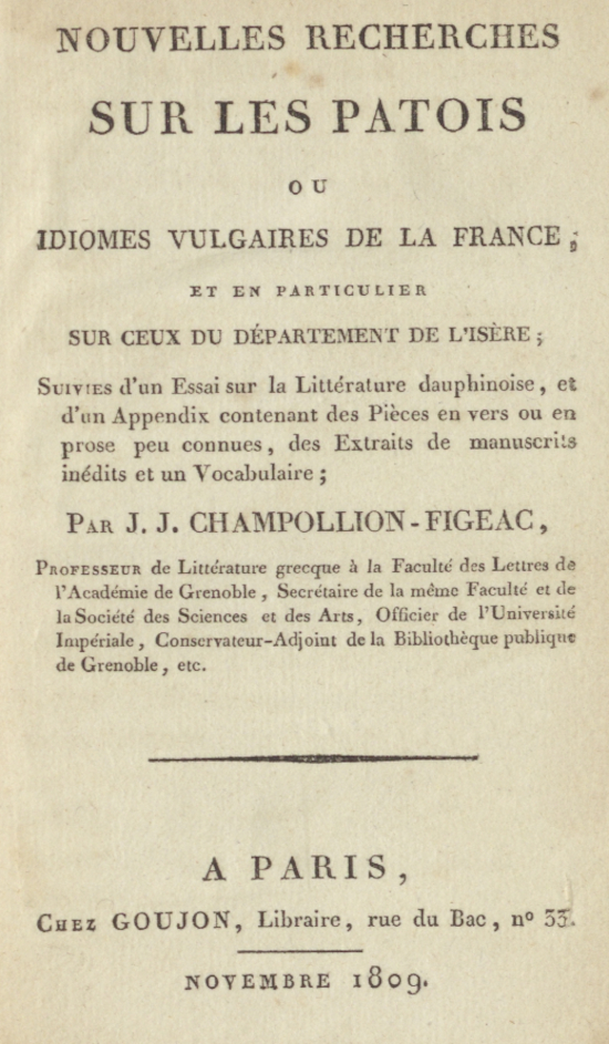 Nouvelles recherches sur les patois ou idiomes vulgaires de la France et en particulier sur ceux du département de l'Isère, U.1164