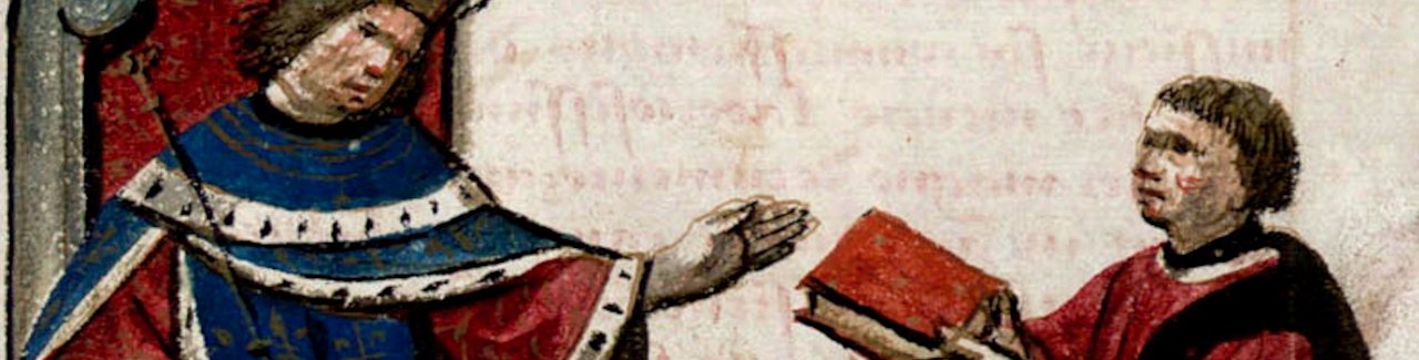 Enluminure : l'auteur remet le manuscrit à son commanditaire, U.909 Rés., folio 200 recto