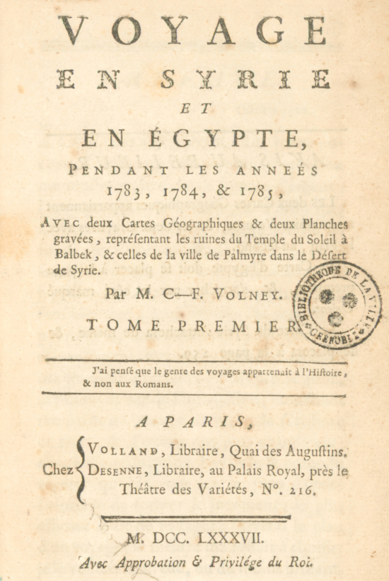 Voyage en Syrie et en Égypte pendant les années 1783. 1784. 1785, par Constantin-François de Chassebœuf, comte de Volney, E.14113