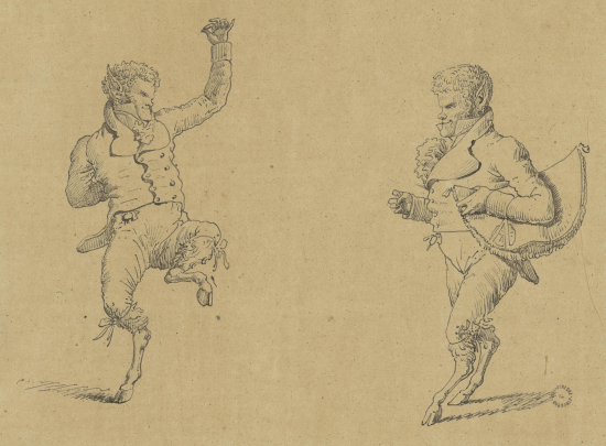 Stendhal en faune dansant, un chapeau de consul sous le bras, dessin à l’encre de chine d'Etienne-Jean Delécluze, Pd.1 Beyle, Henri (27) Rés.