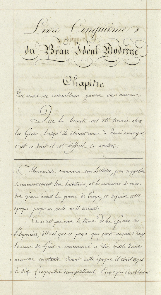 Du Beau Idéal Moderne, intertitre calligraphié sur une copie de Histoire de la peinture en Italie, R.289 (14) Rés., p. 268