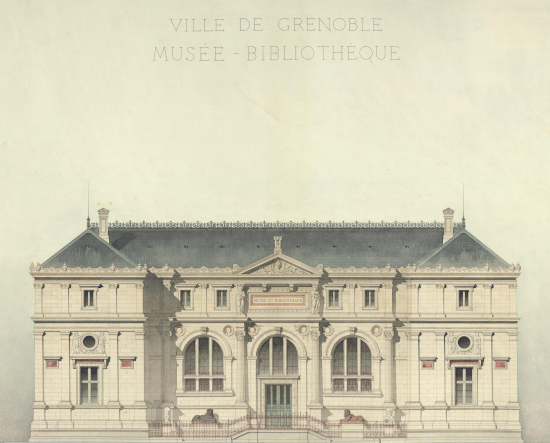 Musée-bibliothèque : élévation principale, plan aquarellé de Charles Questel, R.7111 (250)