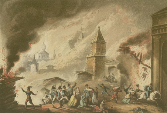 Incendie de Moscou, aquatinte de T. Sutherland d’après W. Heath, 1815. Musée Stendhal, n°298