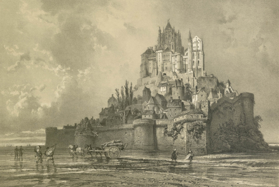 Mont St Michel. Côté oriental vers Avranches, dessin de J. Gaildrau, lithographie de Charpentier et Jacottet, XIXe s., Marj. G. 3435
