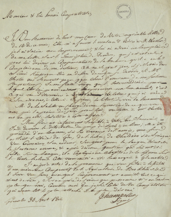 Lettre de Jacques-Joseph Champollion-Figeac à Dominique Villars, 30 août 1806, Muséum d'histoire naturelle de Grenoble