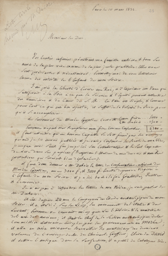 Lettre de Jacques-Joseph Champollion-Figeac au duc Decazes, N.1782 (23) Rés.