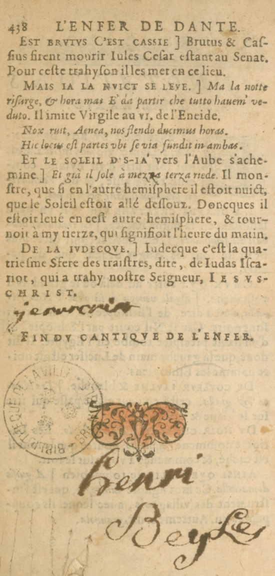 Signature d’Henri Beyle, extraite de La Comédie de l'enfer, du purgatoire et du paradis, de Dante Alighieri mis en rimes françaises par B. Grangier, P.293 Rés.