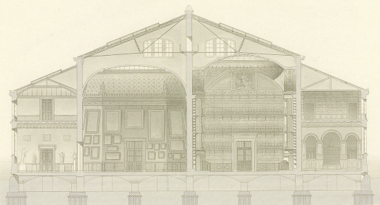 Musée-bibliothèque : coupe transversale, dessiné par Favier et gravé par Félix Penel, extrait de  l’Encyclopédie d’architecture, Pd.4 (113)