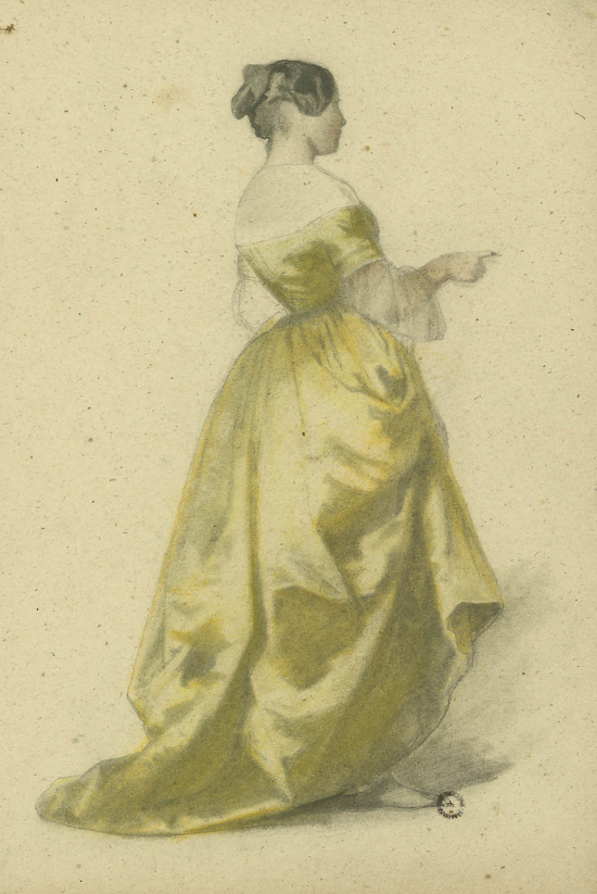 Jeune femme de trois quarts dans une robe jaune, R.90513 (2) (21/2) Rés.