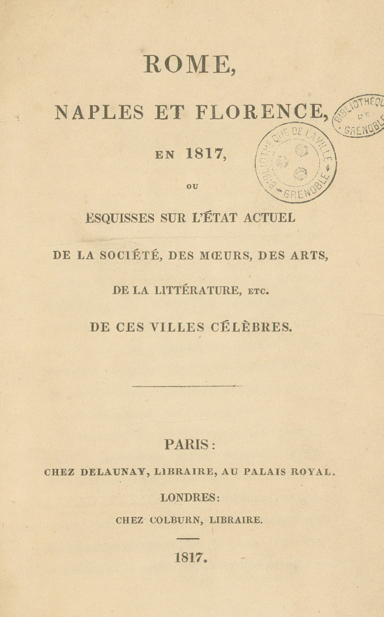 Page de titre de Rome, Naples et Florence en 1817, T.1069 Rés.