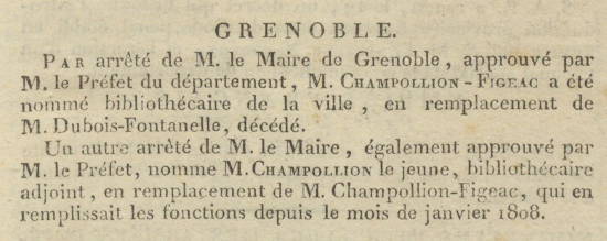 Nomination des frères Champollion comme bibliothécaires de la Ville, extrait du Journal du département de l'Isère, 4 mars 1812, U.9427