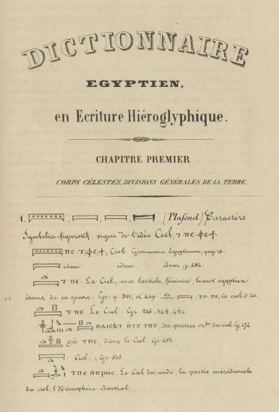 Dictionnaire égyptien en écriture hiéroglyphique, par Jean-François Champollion, V.530 Rés.