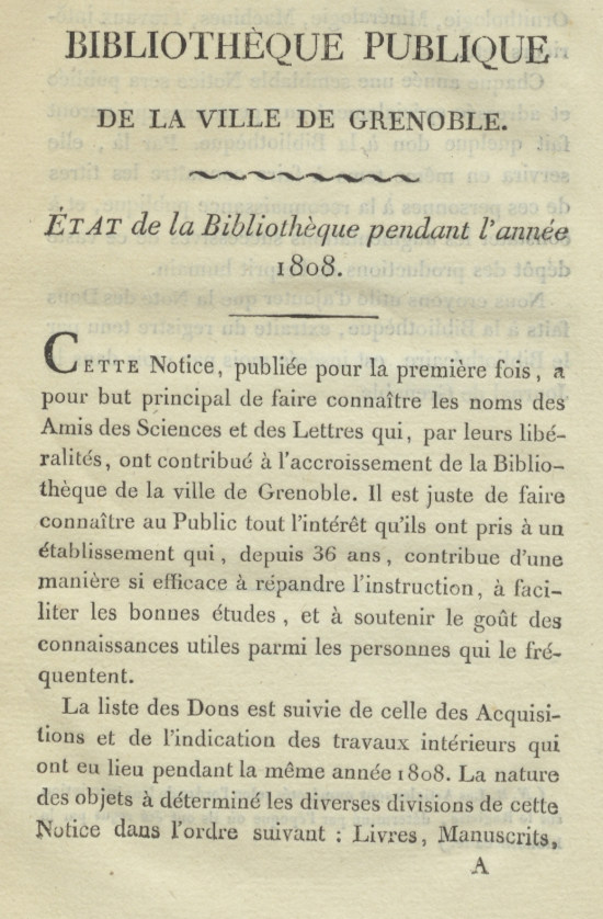 Notice des accroissements de la bibliothèque de la Ville de Grenoble pendant l'année 1808, V.30593